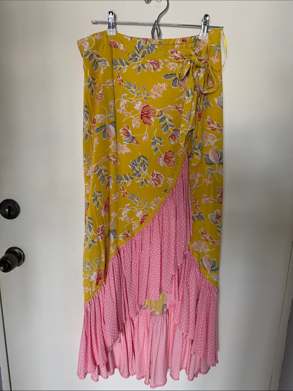 Solitaire Yellow Floral Wrap Skirt with Pink Ruffle Hem